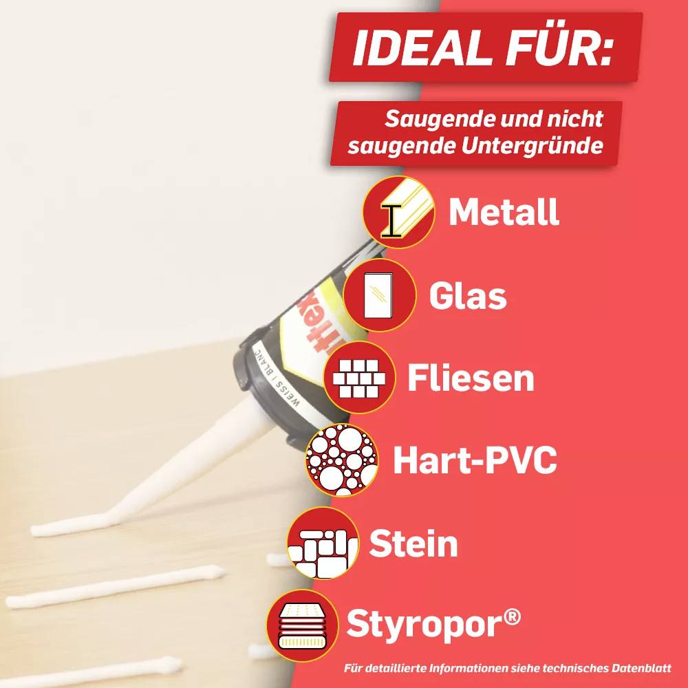 'Pattex Klebstoff' ideal für saugende und nicht saugende Untergründe: Metall, Glas, Fliesen, Hart-PVC, Stein, Styropor.