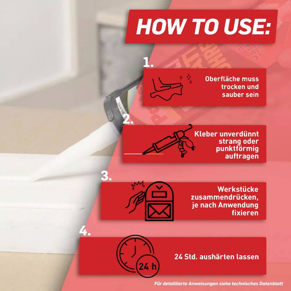 Einführung der Verwendung eines Klebers in vier Schritten: reinigen, Kleber auftragen, Werkstücke zusammenpressen, 24 Stunden fixieren.