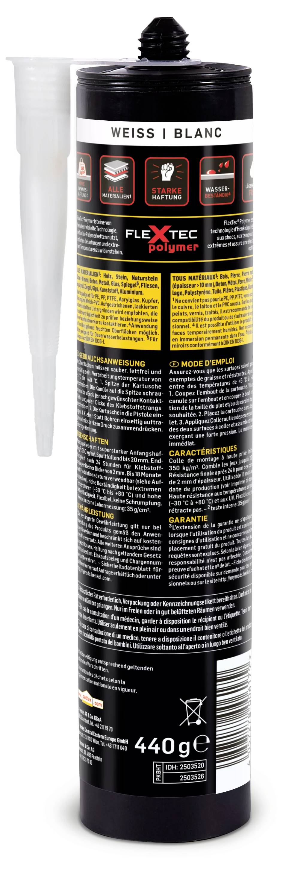 Eine Kartusche mit Dichtmittel in Weiß, gekennzeichnet mit 'Flextec Polymer'. Aufschrift in mehreren Sprachen mit Anwendungshinweisen.