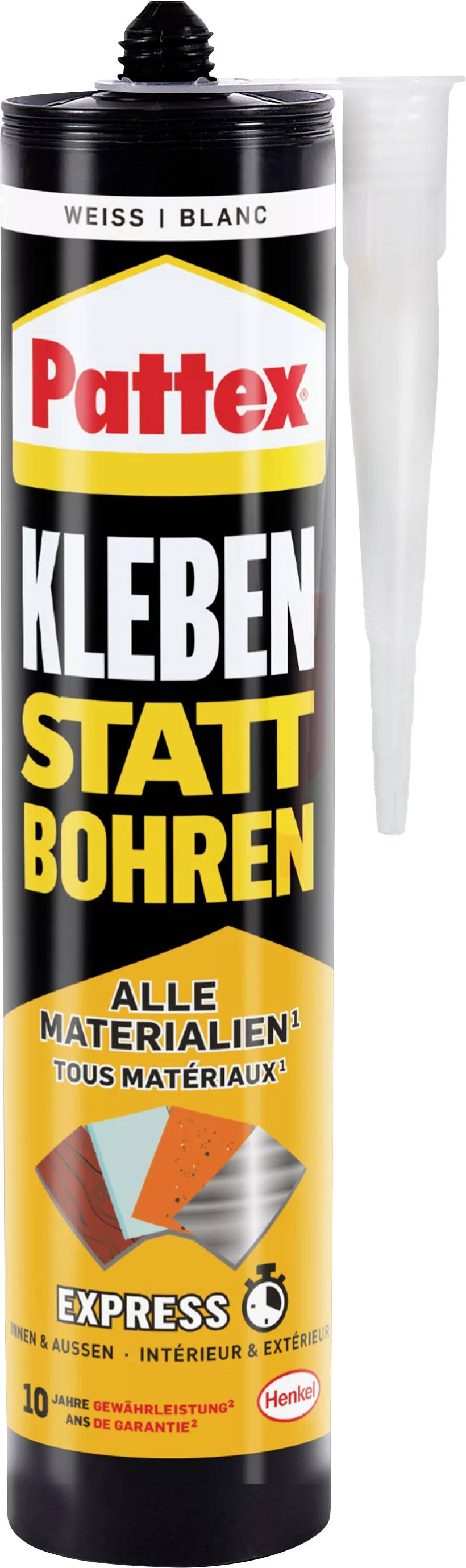 Kleber 'Pattex Kleben statt Bohren', geeignet für alle Materialien, Express-Formel, Innen- und Außenbereich, Schwarz-weiße Kartusche.