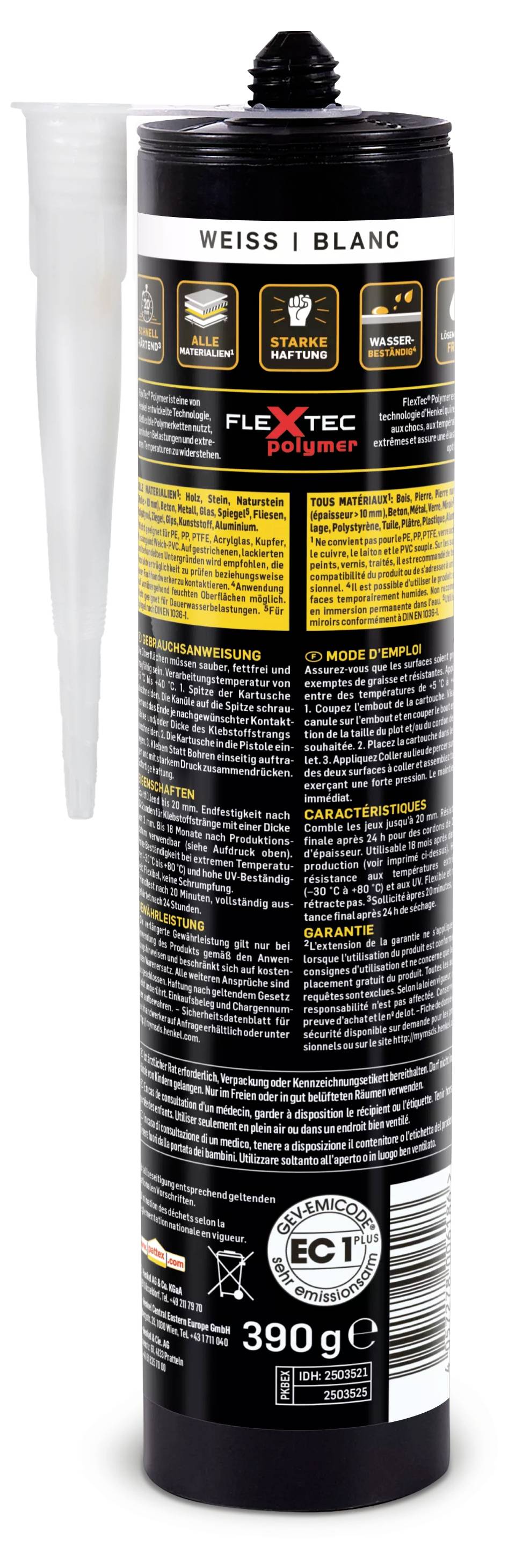 Eine schwarze Kartusche mit der Aufschrift 'FLEXtec Polymer', beinhaltet 390 g. Aufschrift in mehreren Sprachen mit weißer Düse.