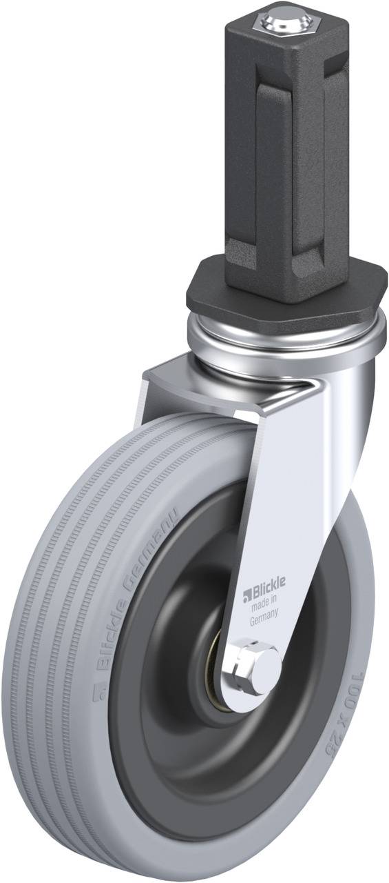 Industrie-Lenkrolle mit Metallgehäuse, grauer Gummireifen und schwarzem Drehgelenk mit Schraubenhalterung, vor weißem Hintergrund.