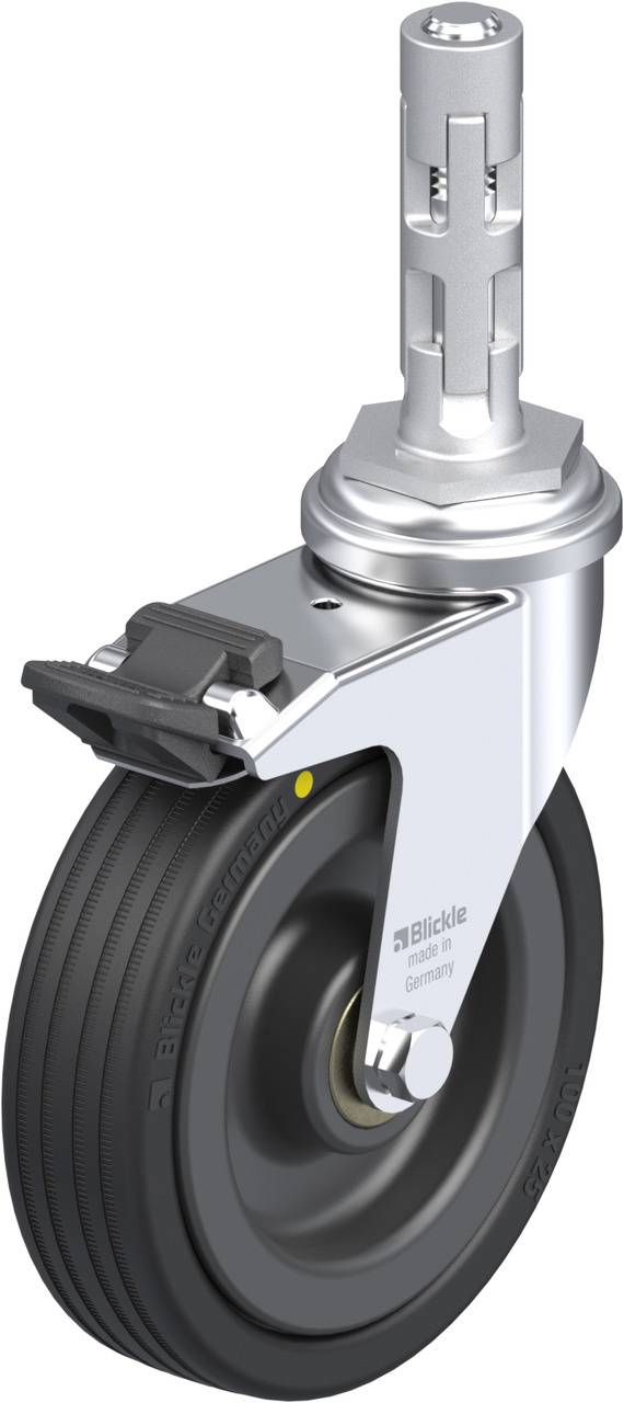 Schwenkrolle mit grauem Gummirad und grauem Metallgehäuse, geeignet für den Einsatz in Transportwagen oder Geräten.