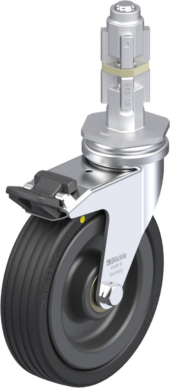 Schwenkrolle mit Bremse und Achsgabel, aus Metall und Gummi, geeignet zur Befestigung an Trolleys oder Geräten.