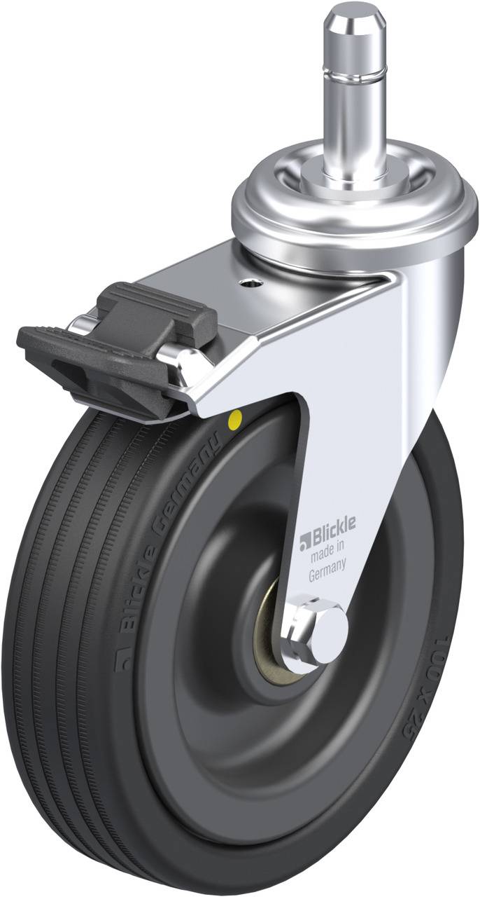 Drehbares Möbelrad mit Bremse und schwarzem Gummireifen, geeignet für leichte Lasten und vielseitige Verwendung in Innenräumen.