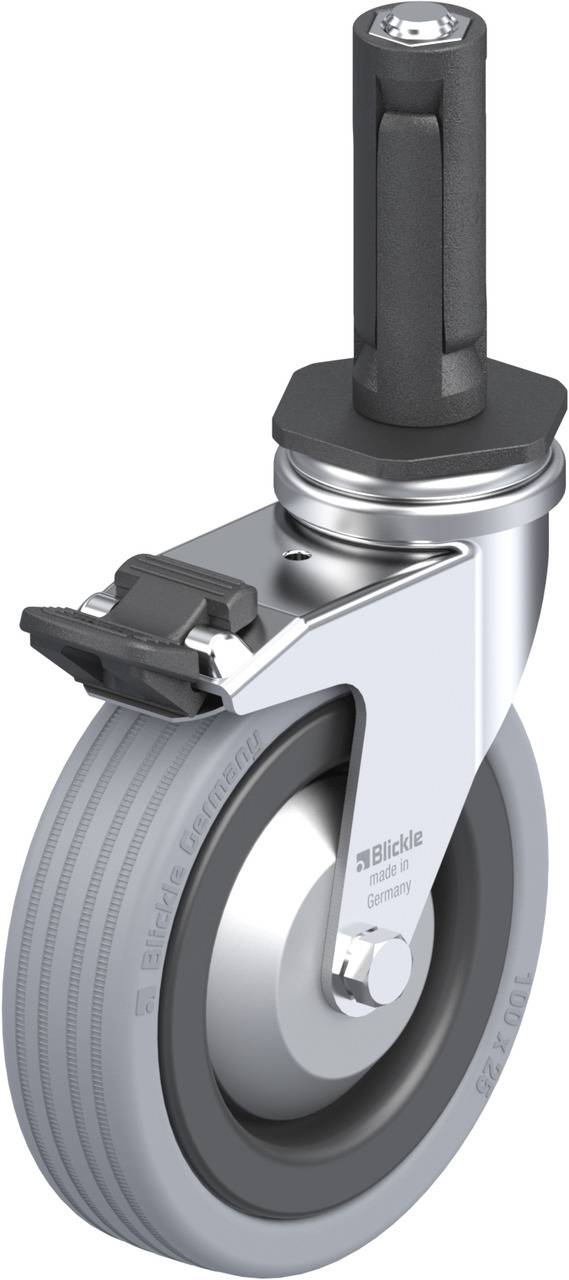 Ein silbernes und graues Lenkrollenrad mit Befestigungsstift und Bremsvorrichtung, geeignet für industrielle Anwendungen.