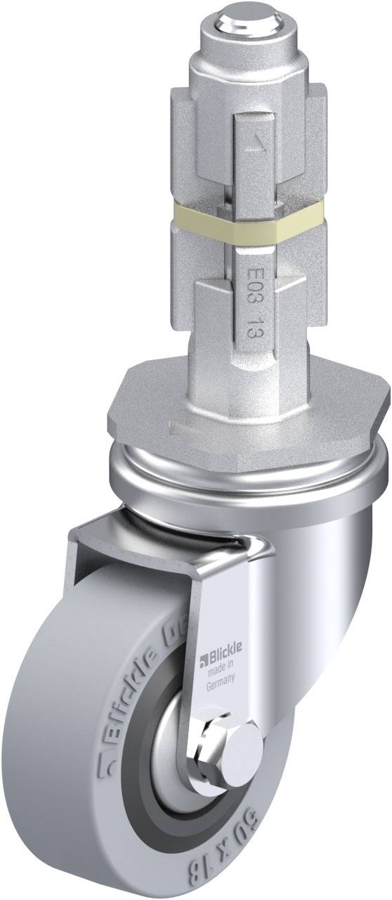 Rollenrad aus Metall mit grauem Reifen und Befestigungsstift, geeignet für Möbel oder Apparate, zeigt eine stabile Bauweise.