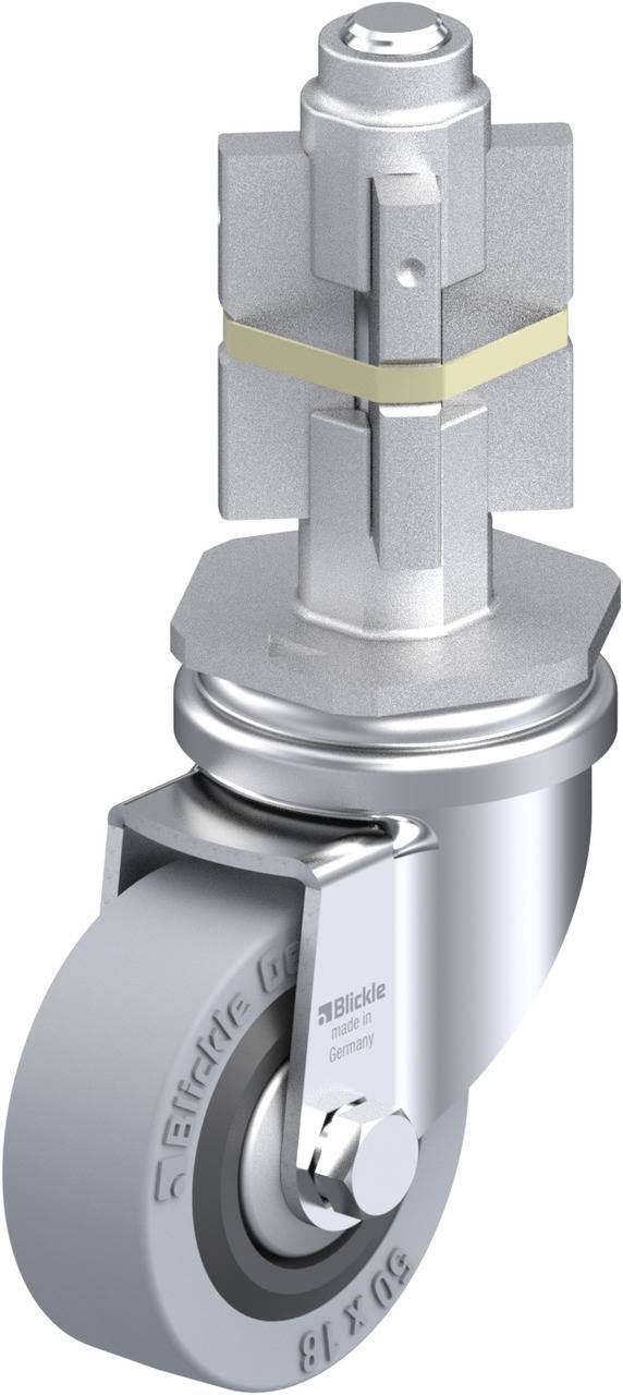 Metallische Lenkrolle mit Befestigungsbolzen, graues Rad mit Kunststoffreifen, geeignet für Transportgeräte und Möbel.