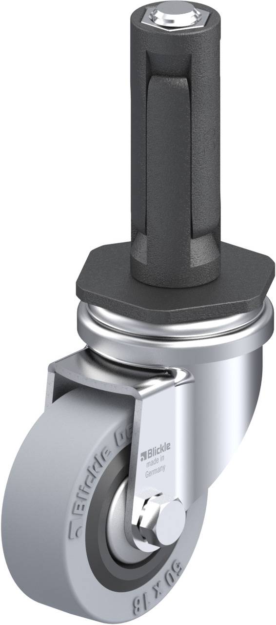 Drehbares Rollenrad aus Metall und Kunststoff mit Steckachse, geeignet für einfache Mobilität von Geräten und Möbeln.