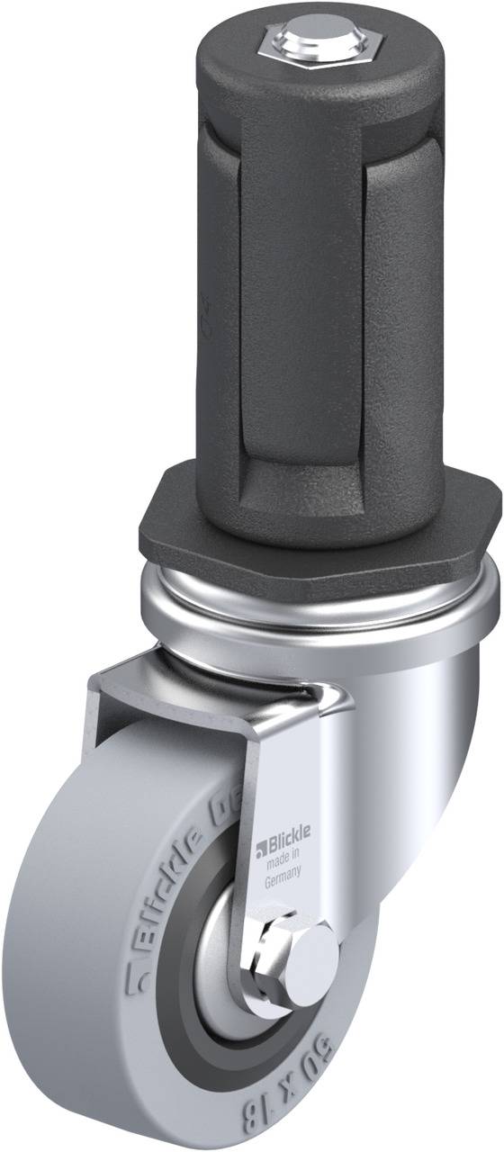 Industrie-Lenkrolle mit grauem Rad und schwarzem, zylindrischem Gehäuse oben. Eignet sich für Transportwagen oder Geräte.