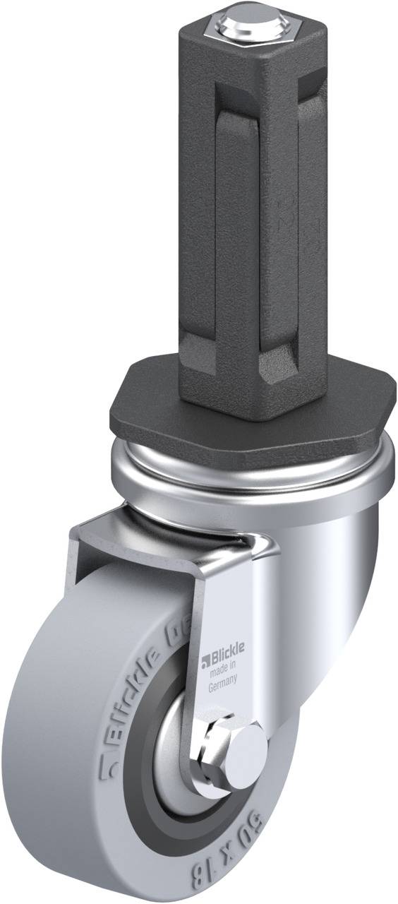 Industrie-Schwenkrolle aus Metall mit grauem Rad und schwarzem Befestigungsstift. Geeignet für schwere Lasten und Maschinen.