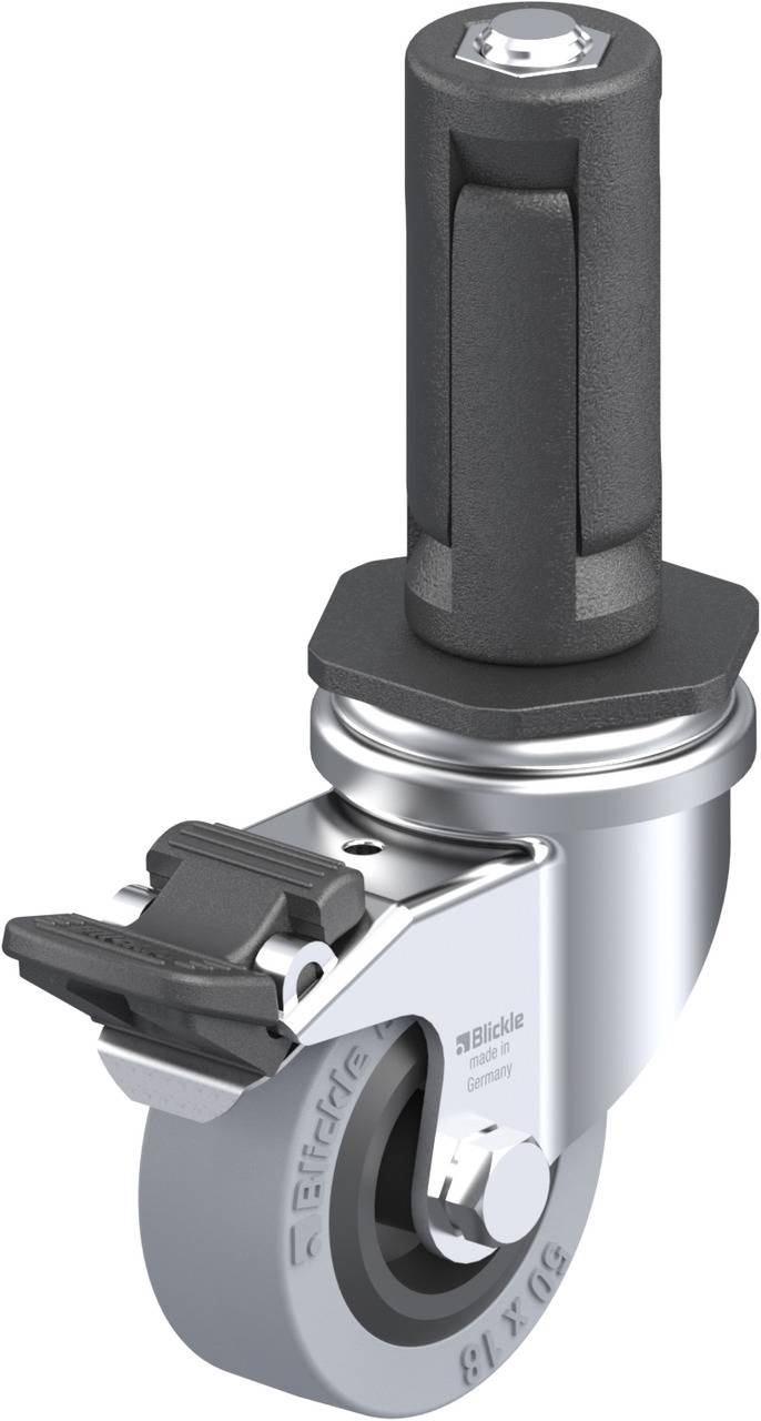 Rollenhalter mit feststellbarer Industrie-Rolle aus Metall, montiert für flexible Beweglichkeit bei Maschinen und Geräten.