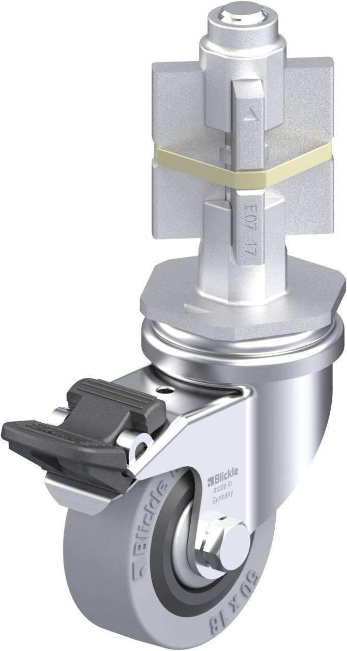 Lenkrolle aus Metall mit Bremssystem, geeignet für Möbel oder Transportgeräte. Hochwertige Verarbeitung für langlebige Nutzung.