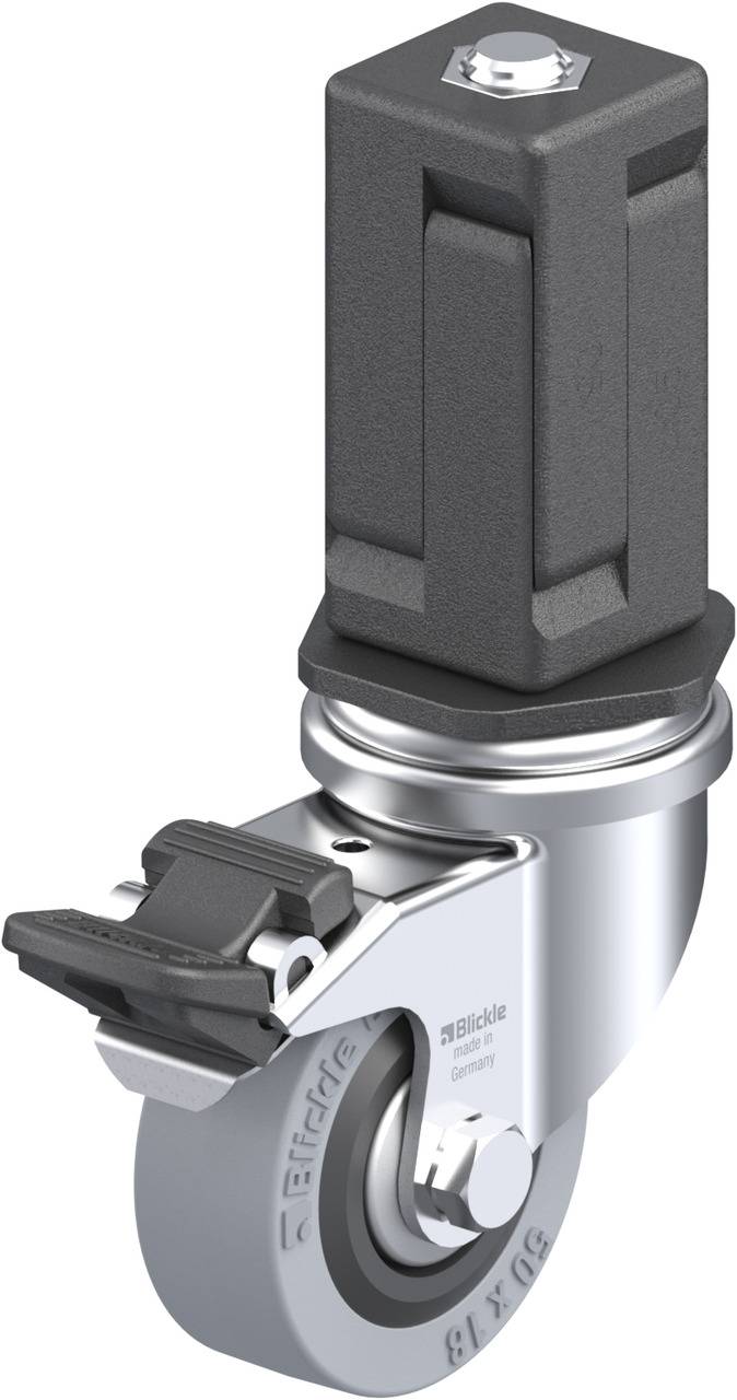 Schwenkrolle mit Befestigungsbolzen und Bremsmechanismus aus Metall und Kunststoff, geeignet für Industrieanwendungen.