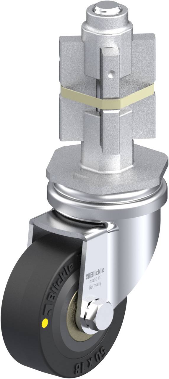 Schwenkrolle mit grauem Rad aus Kunststoff und silbernem Gehäuse, geeignet für Transportwagen in industriellen Anwendungen.