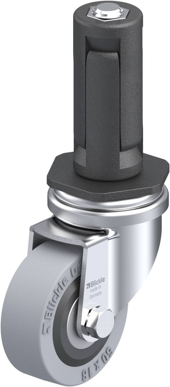 Ein graues Lenkrolle mit Befestigungsschraube und runden Metallelementen zur Befestigung an Möbeln oder Geräten.