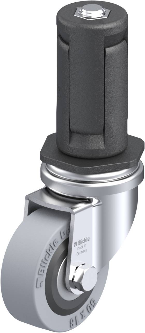 Schwenkrolle mit grauem Rad und schwarzem Haltebügel. Rollenhalterung aus Metall, Markenlogo auf Rad sichtbar. Geeignet für Möbel.