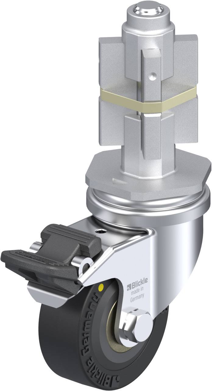 Metallisches Lenkrollen-Viereckgehäuse mit Gummirad, seitlicher Feststeller und vertikaler Steckachse. Geeignet für Maschinen.