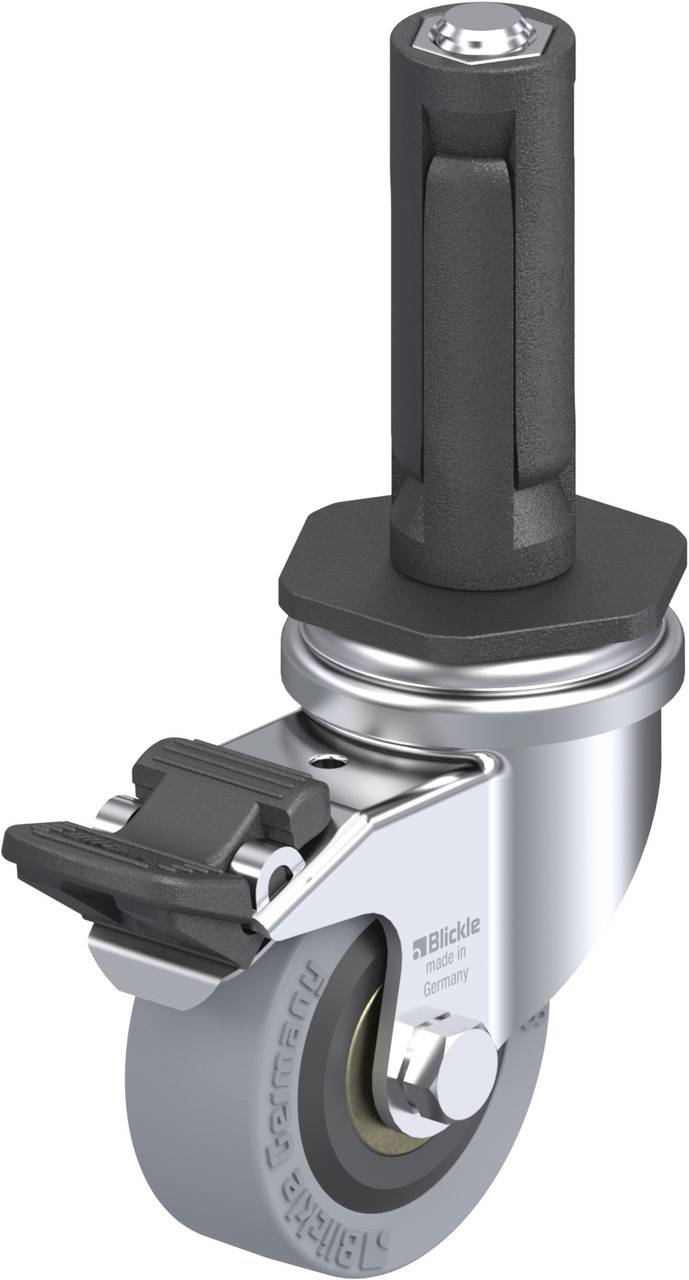 Drehbares Schwerlastrolle mit Bremse und Metallgehäuse, Anzeige von Radachse und Adapter mit einer Mutter am oberen Ende.