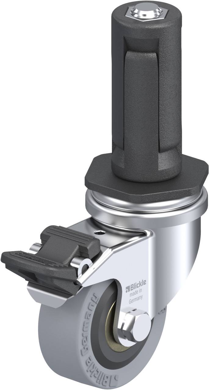 Schwenkrolle mit grauem Rad und schwarzem Befestigungselement, ausgestattet mit einer Bremse. Geeignet für den Einsatz an beweglichen Objekten.