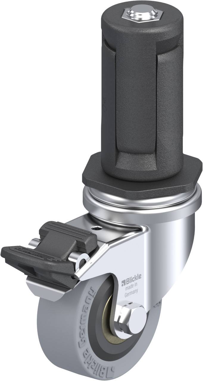 Abgebildet ist ein schwenkbares Rad mit Halterung. Es hat eine schwarze Bremse und ist für den Einsatz in Industrieumgebungen geeignet.