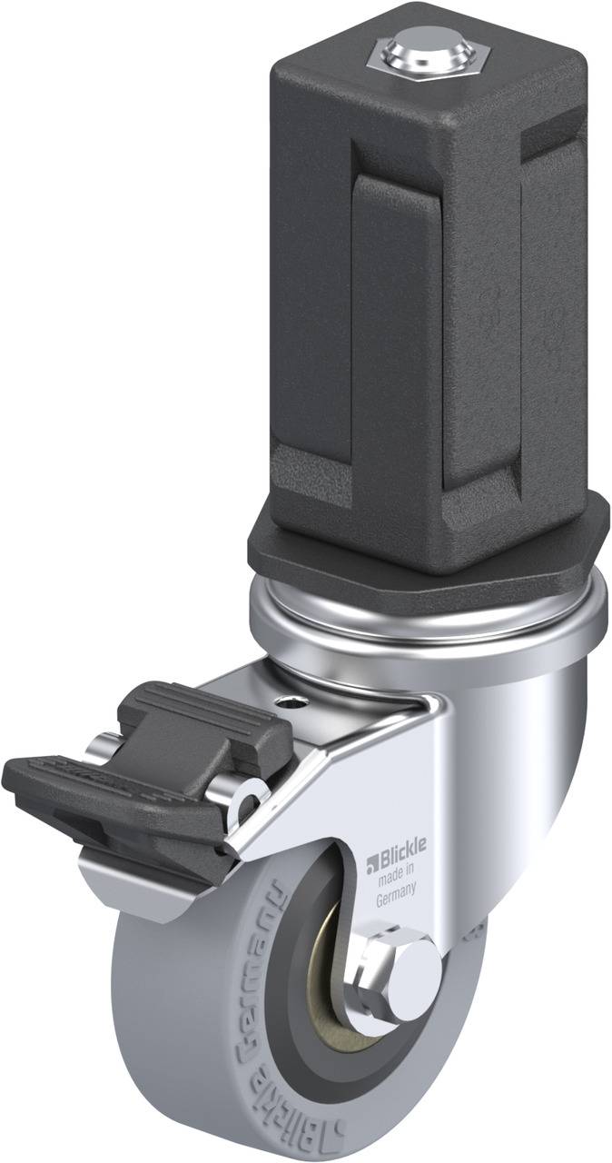 Industrie-Lenkrolle mit robustem Gehäuse, integriertem Bremssystem und rechteckiger Befestigung. Ideal für schwere Lasten.