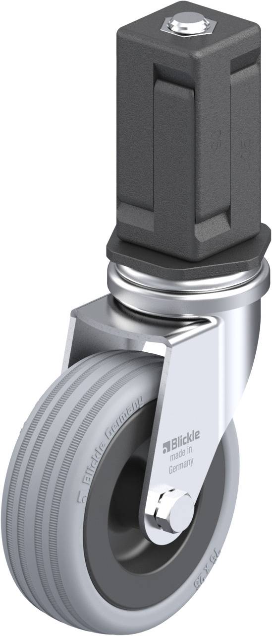 Industrie-Rollen: Ein drehbares Lenkrollenrad aus grauem Kunststoff, montiert an einem silbernen Metallgehäuse mit schwarzem Befestigungsstift.