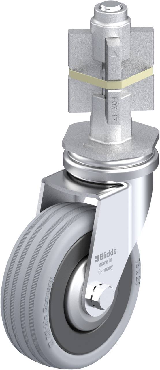 Ein einzelnes silbernes Schwenk-Rad mit grauer Gummibereifung und gelben Achsschutz. Die Radmarke ist seitlich zu sehen.