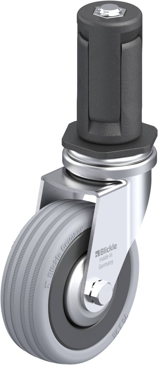 Schwenkrolle mit grauem Rad und schwarzem Befestigungselement. Markenaufdruck 'Blickle'. Geeignet für bewegliche Möbel oder Geräte.