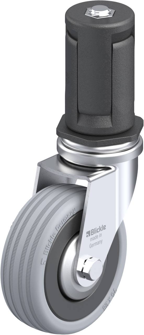 Metallrolle mit grauem Gummirad und schwarzem Gehäuse, geeignet für Industriegeräte.