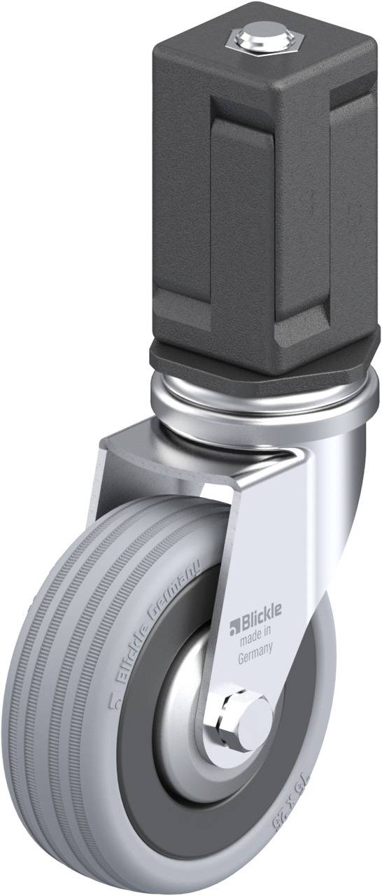 Schwenkbare Rolle aus grauem TPR auf Stahlradkörper mit schwarzem Kunststoffgehäuse, geeignet für industrielle Anwendungen.