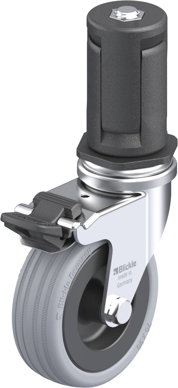 'Rad mit Halterung' – ein Einbaurad mit robuster, drehbarer Halterung und grauem, gummibereiftem Rad. Geeignet für Möbel oder Geräte.