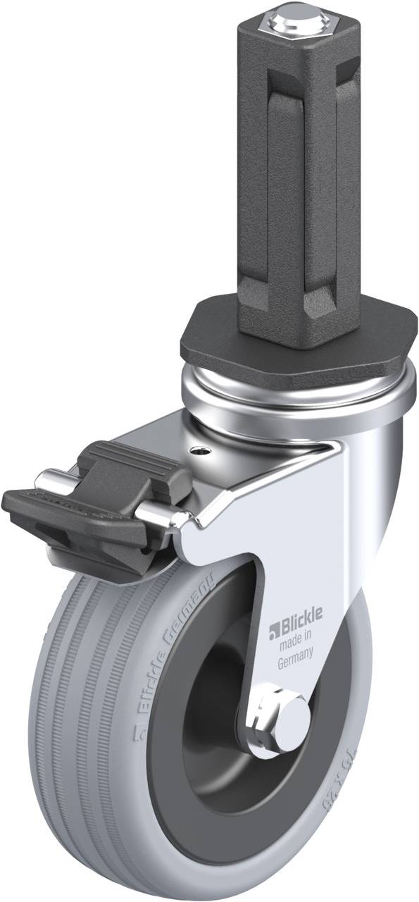Die Abbildung zeigt ein graues Lenkrollenrad mit schwarzer Bremsvorrichtung. Der Halter ist metallisch mit Schraubbefestigung.