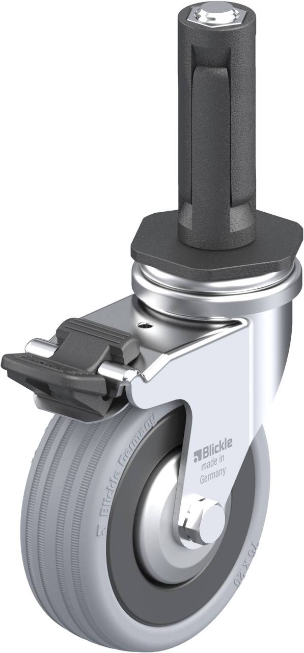 Rollenbock mit grauer Kunststoffrolle und Metallgehäuse, geeignet für Möbel oder Geräte. Dreh- und feststellbar für Stabilität.