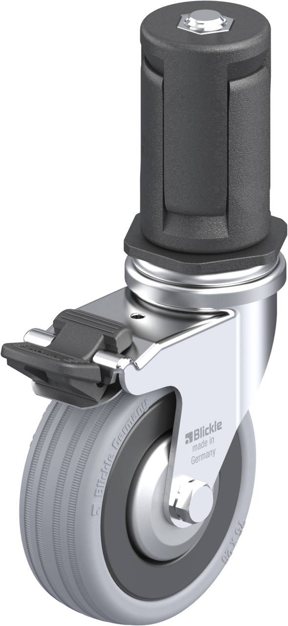 Drehbares Lenkrolle mit grauem Gummirad und schwarzem Feststeller, geeignet für Möbel oder Transportwagen. Markenname auf der Gabel.