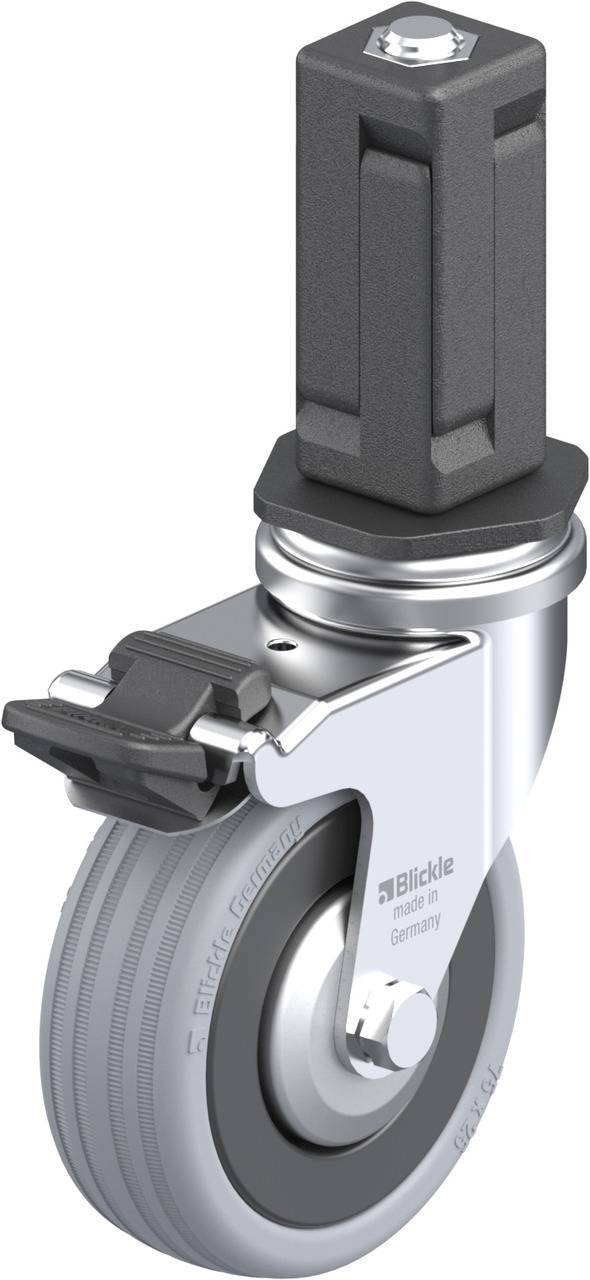 Rolle mit Befestigungselement aus Metall, graues Gummirad, geeignet für Möbel oder Transportgeräte, Markenname 'Blickle'.