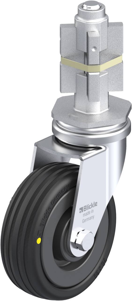 Ein schwarzes Industrierad mit silbernem Metallgehäuse, geeignet für schwere Lasten. Das Rad hat eine strukturierte Oberfläche.