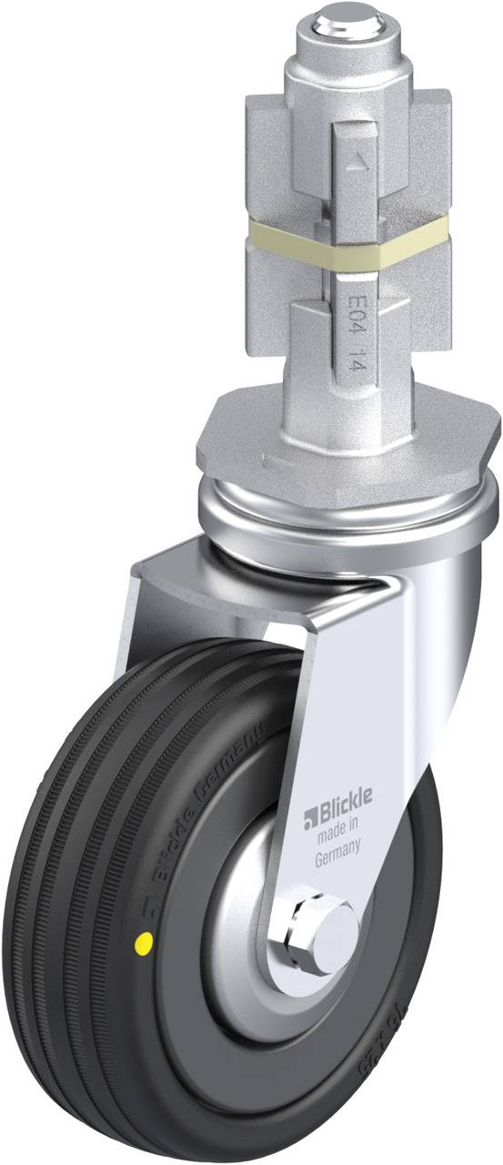 Schwenkrolle mit schwarzem Rad, Metallschwenklager und Schraubgewinde, geeignet für industrielle Anwendungen.