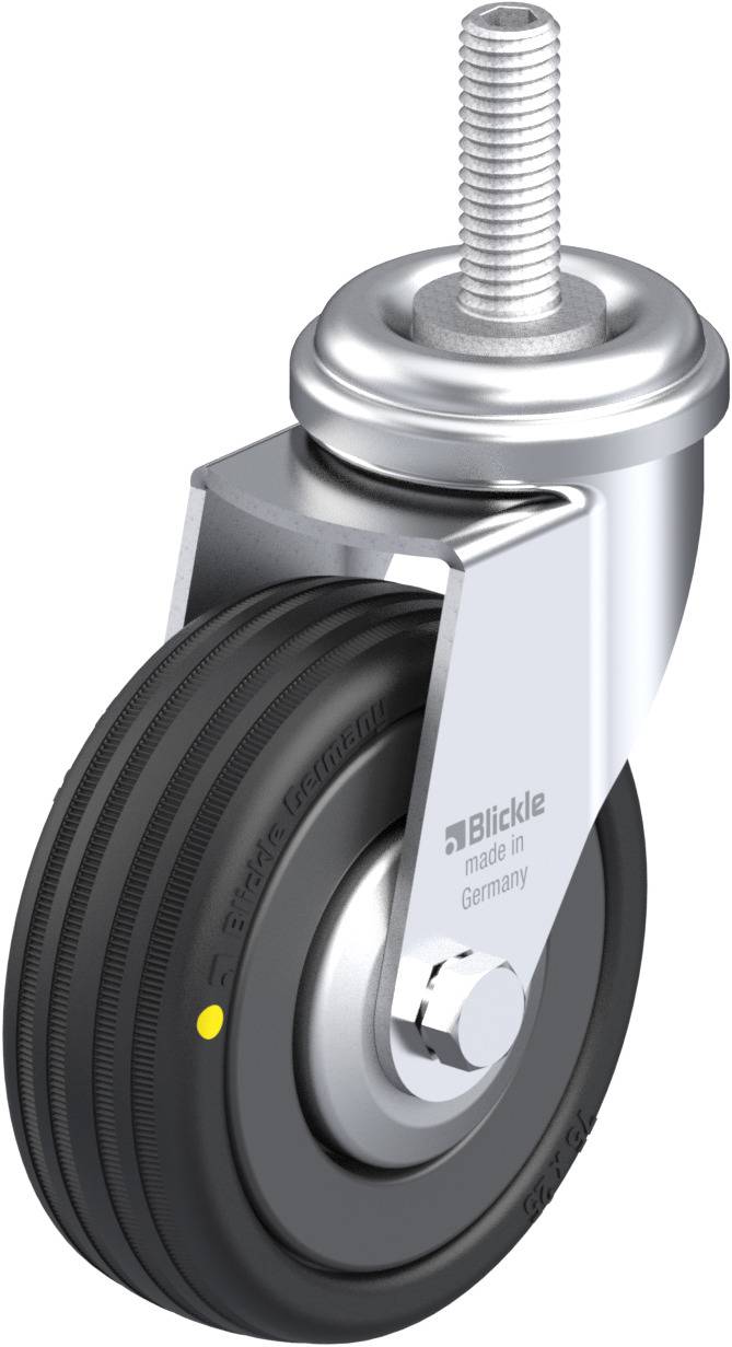 Ein drehbares Lenkrolle mit schwarzem Rad, silbernem Gehäuse und einem Gewindestift.