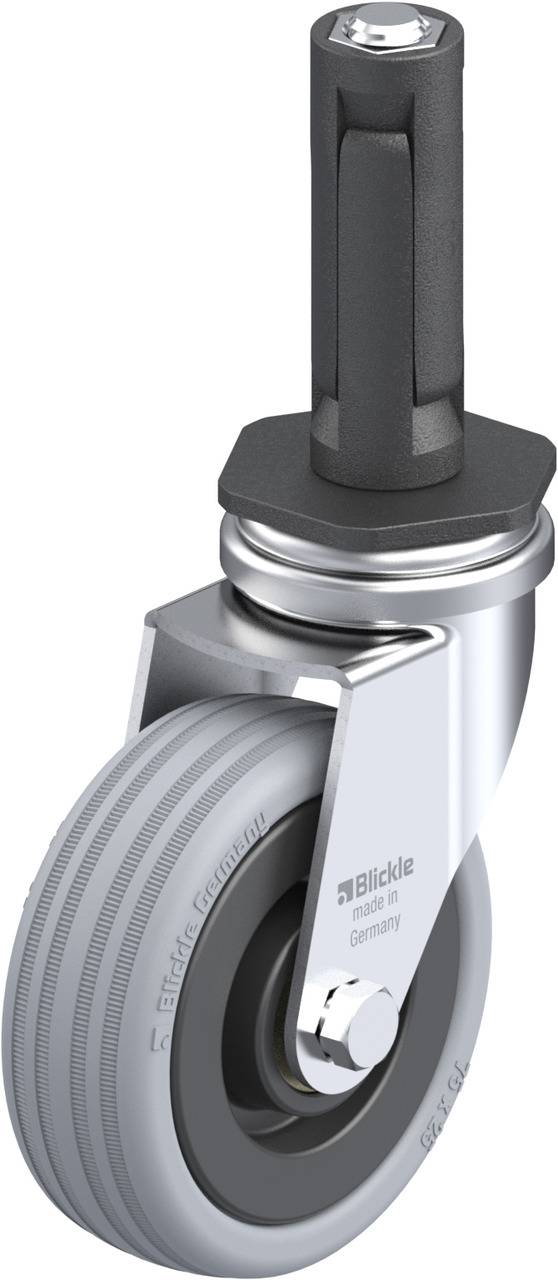 Eine graue Lenkrolle mit Metallgehäuse und Gummirad, hergestellt von Blickle in Deutschland. Geeignet für Möbel oder Transportgeräte.