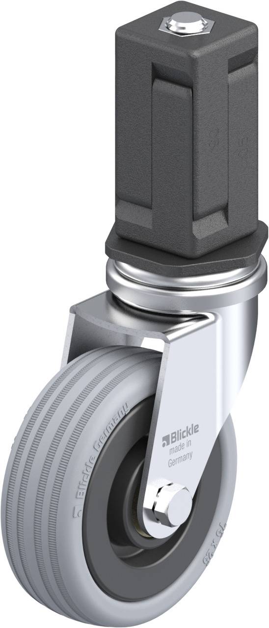 Schwenkrolle mit grauer Gummibereifung und Metallgehäuse; Beschriftung 'Blickle' sichtbar.