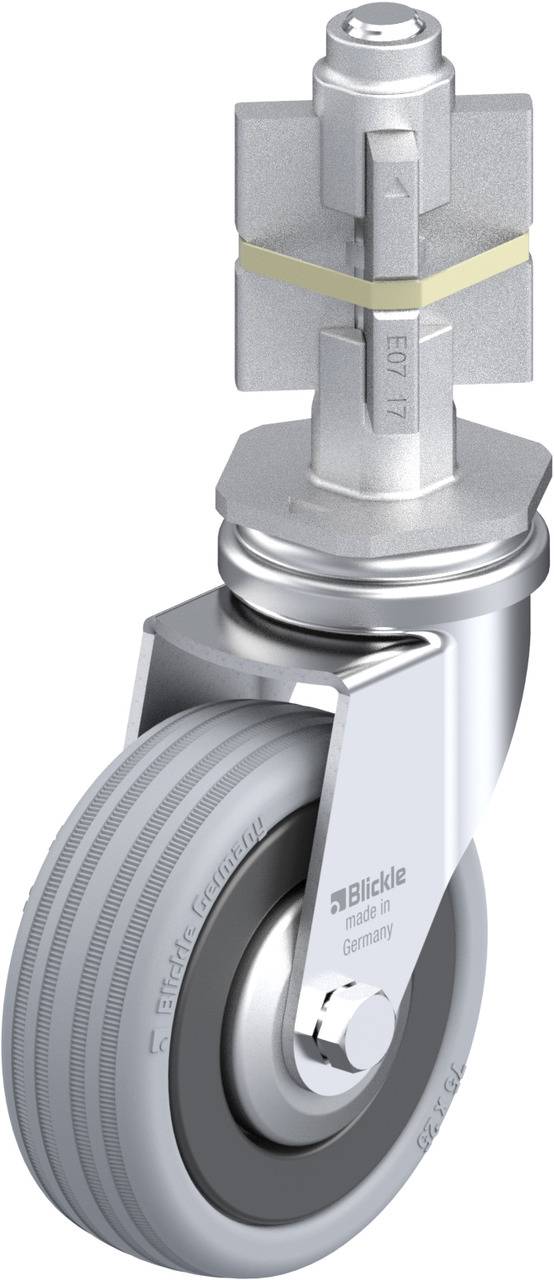 Rollenrad aus Metall und Gummi mit drehbarem Anschluss für Möbel oder Geräte, hergestellt von Blickle.