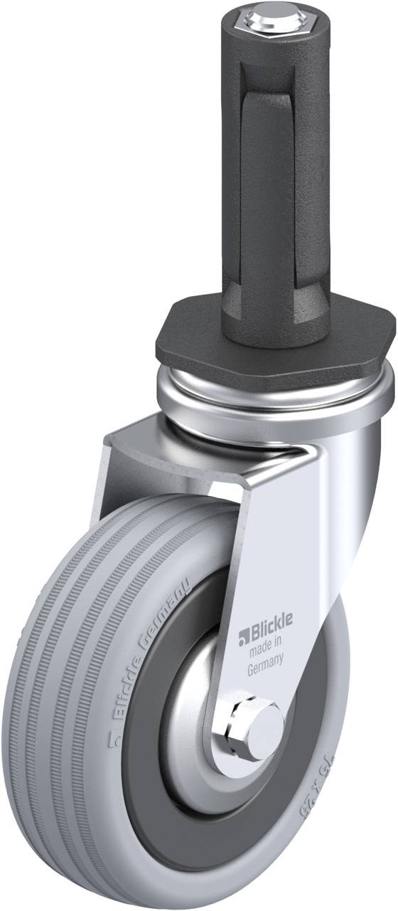Industrie-Lenkrolle aus Metall mit grauem Rad und schwarzem Befestigungsstift, hergestellt von Blickle.