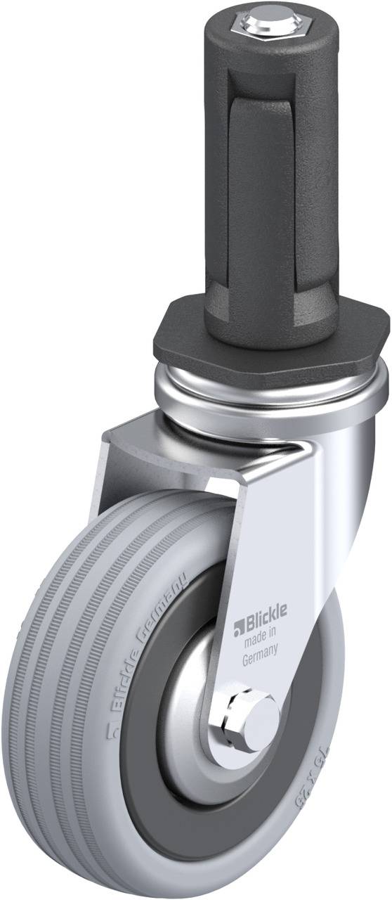 Industrie-Rolle mit grauem Gummi und Metallgehäuse; befestigt durch einen Bolzen. Designed für Transportwagen. Markenlogo sichtbar.