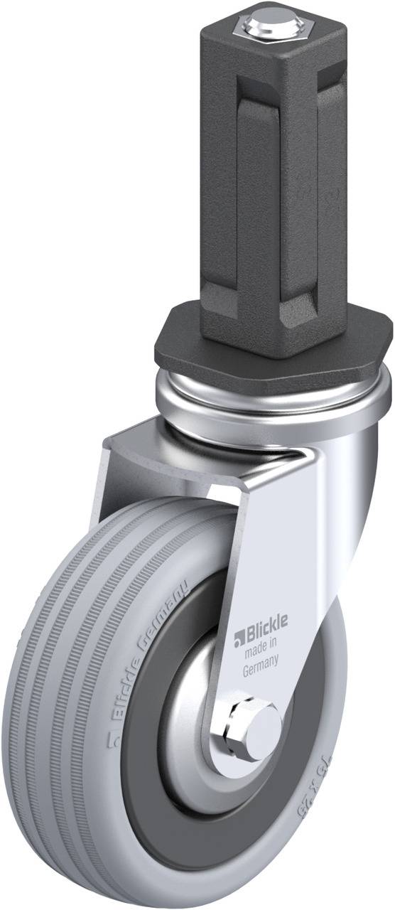 Eine graue Industrierolle mit schwarzem, drehbarem Adapter für Möbel oder Geräte, Marke Blickle, abgebildet auf weißem Hintergrund.