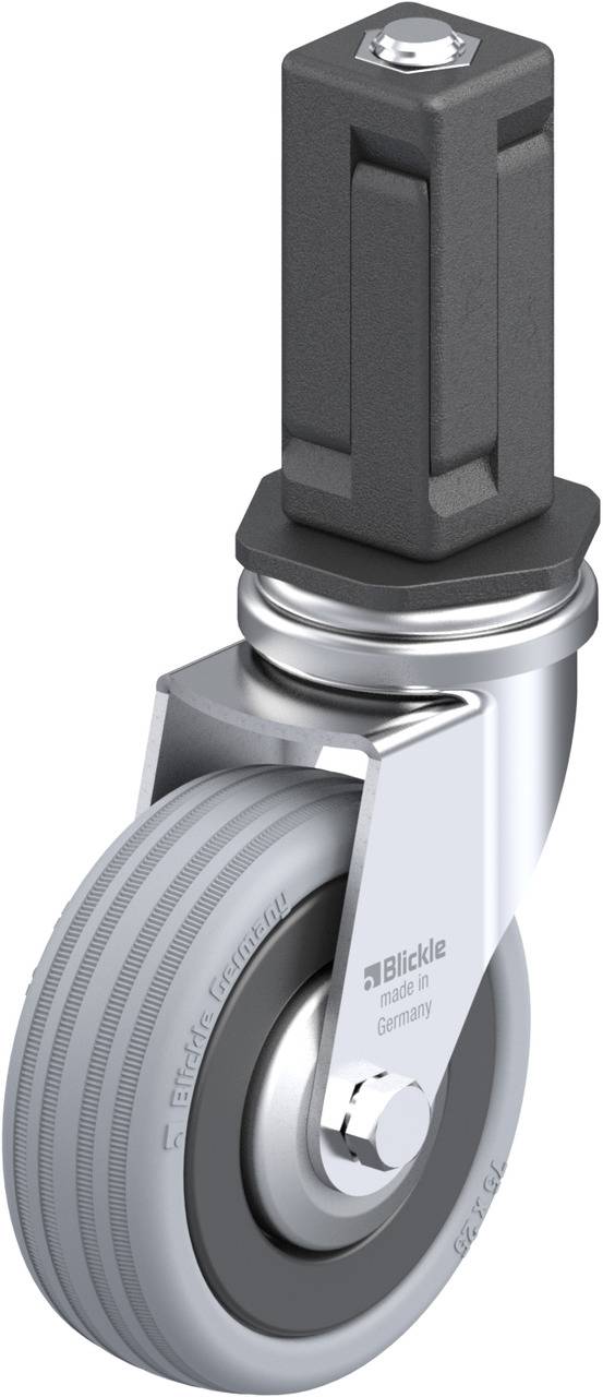 Kugelgelagerte Lenklaufrolle mit grauem, gummigem Rad und Metallgehäuse, geeignet für industrielle Anwendungen und Möbelbeweglichkeit.