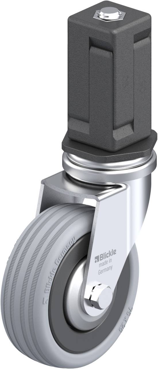 Industrie-Rolle mit grauem Rad und schwarzem Metallgehäuse, geeignet für schwere Lasten.