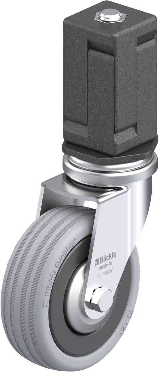 Hochbelastbares Lenkrolle mit grauem Rad und schwarz-eloxiertem Gabelkopf. Geeignet für industrielle Anwendungen mit schwerer Last.