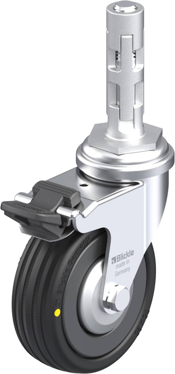Industrie-Rollenrad mit Metallhalterung, schwarzem Gummirad und einem seitlichen Bremssystem, geeignet für schwere Lasten und glatte Böden.