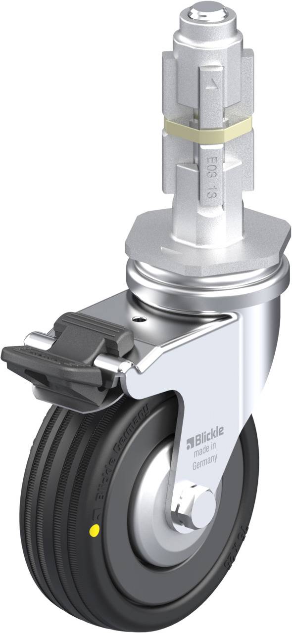 Industrie-Lenkrolle mit schwarzem Gummirad, Bremse und Gewindestift. Silvernes Gehäuse mit 